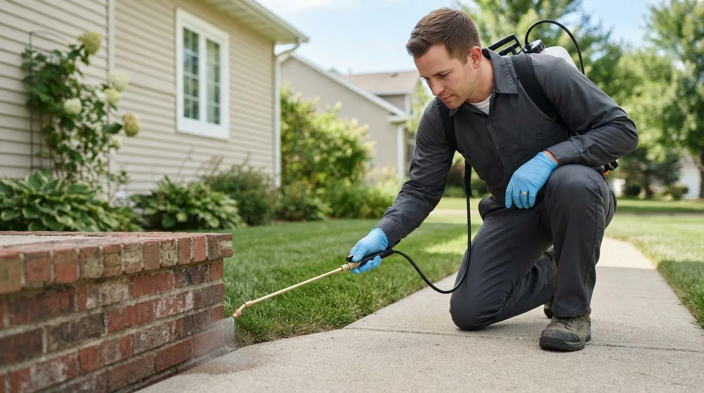 Pest control technician treating a home near North Ferrisburgh, VT